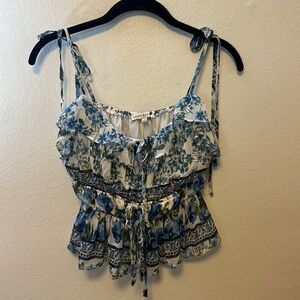 Moon River Blue Floral Ruffle Tie-Shoulder Blouse